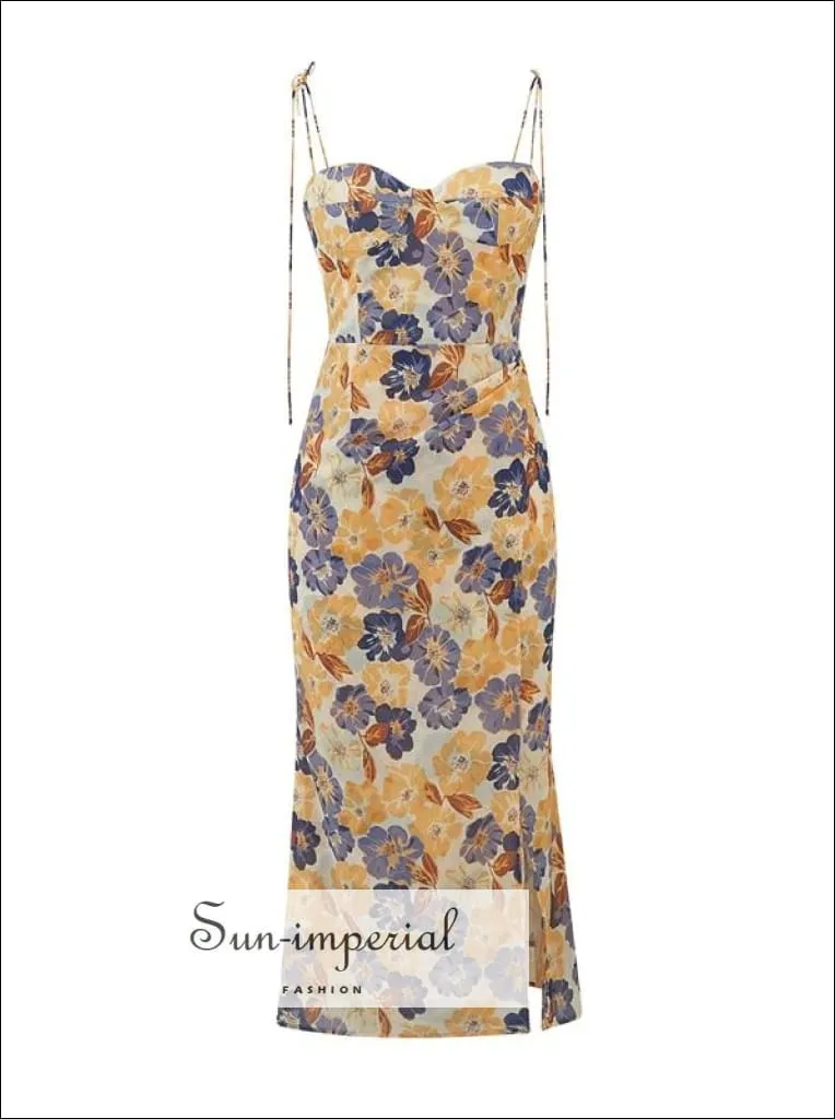 Cream With Yellow & Pink Flower Print side Split Midi Dress with Corset Bust and Tie Cami Strap Detail