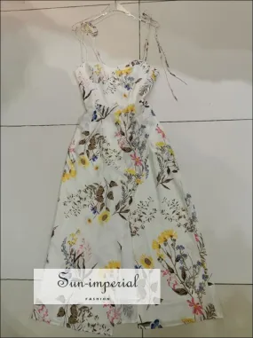 Cream With Yellow & Pink Flower Print side Split Midi Dress with Corset Bust and Tie Cami Strap Detail