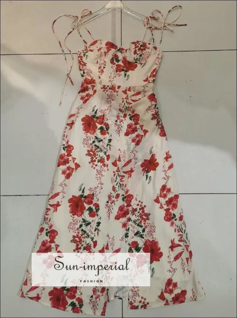 Cream With Yellow & Pink Flower Print side Split Midi Dress with Corset Bust and Tie Cami Strap Detail