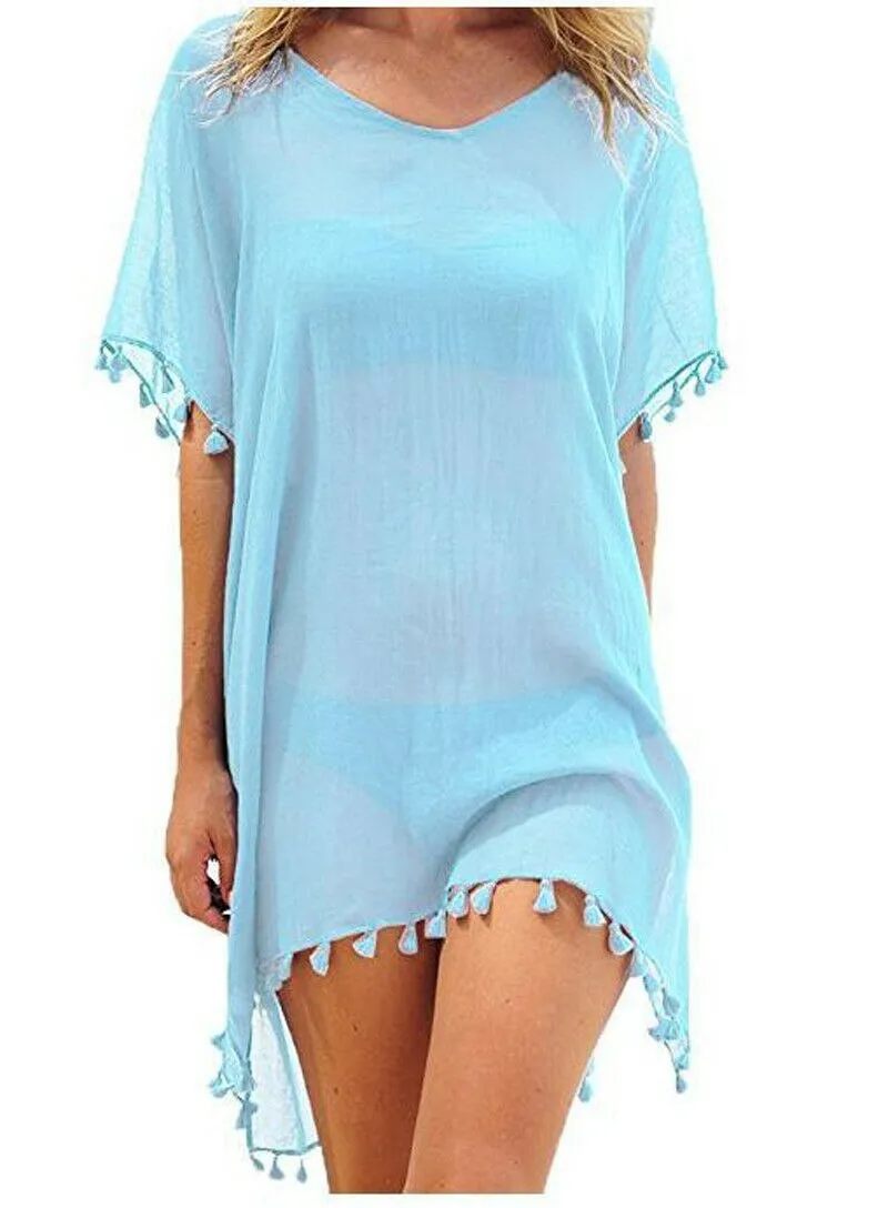 Crew Neck Solid Color Tassel Beach Cover Ups