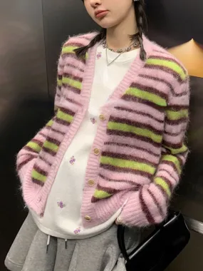 deanwangkt  Autumn Faux Fure Knitted Cardigan Women Casual Long Sleeve Button Kawaii Clothing Striped Sweater Female Korean Style Tops