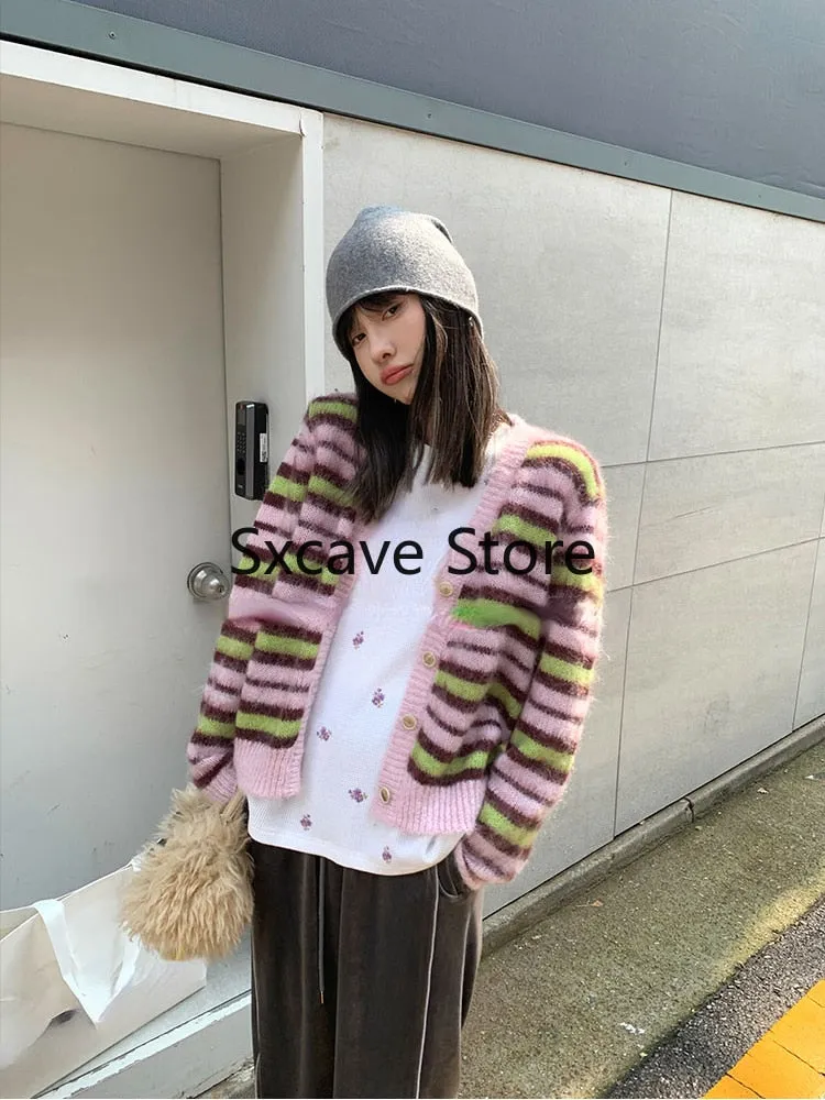 deanwangkt  Autumn Faux Fure Knitted Cardigan Women Casual Long Sleeve Button Kawaii Clothing Striped Sweater Female Korean Style Tops