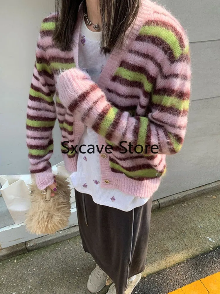 deanwangkt  Autumn Faux Fure Knitted Cardigan Women Casual Long Sleeve Button Kawaii Clothing Striped Sweater Female Korean Style Tops