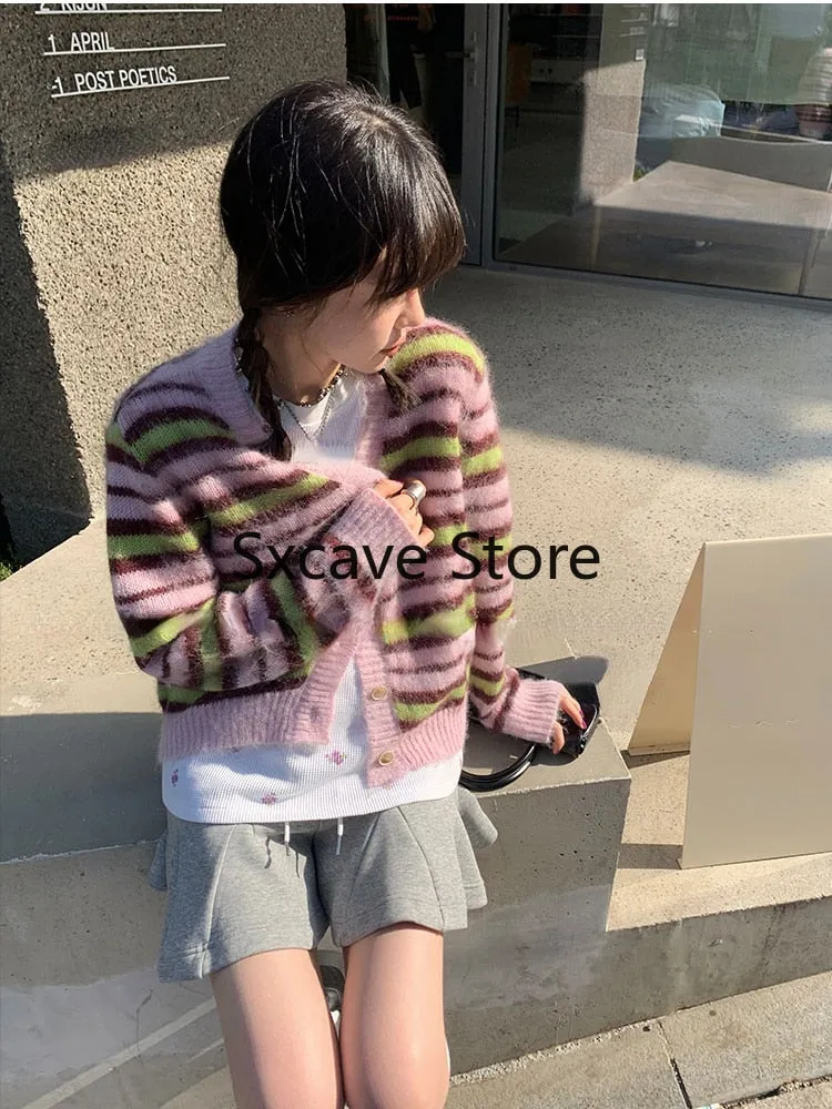 deanwangkt  Autumn Faux Fure Knitted Cardigan Women Casual Long Sleeve Button Kawaii Clothing Striped Sweater Female Korean Style Tops