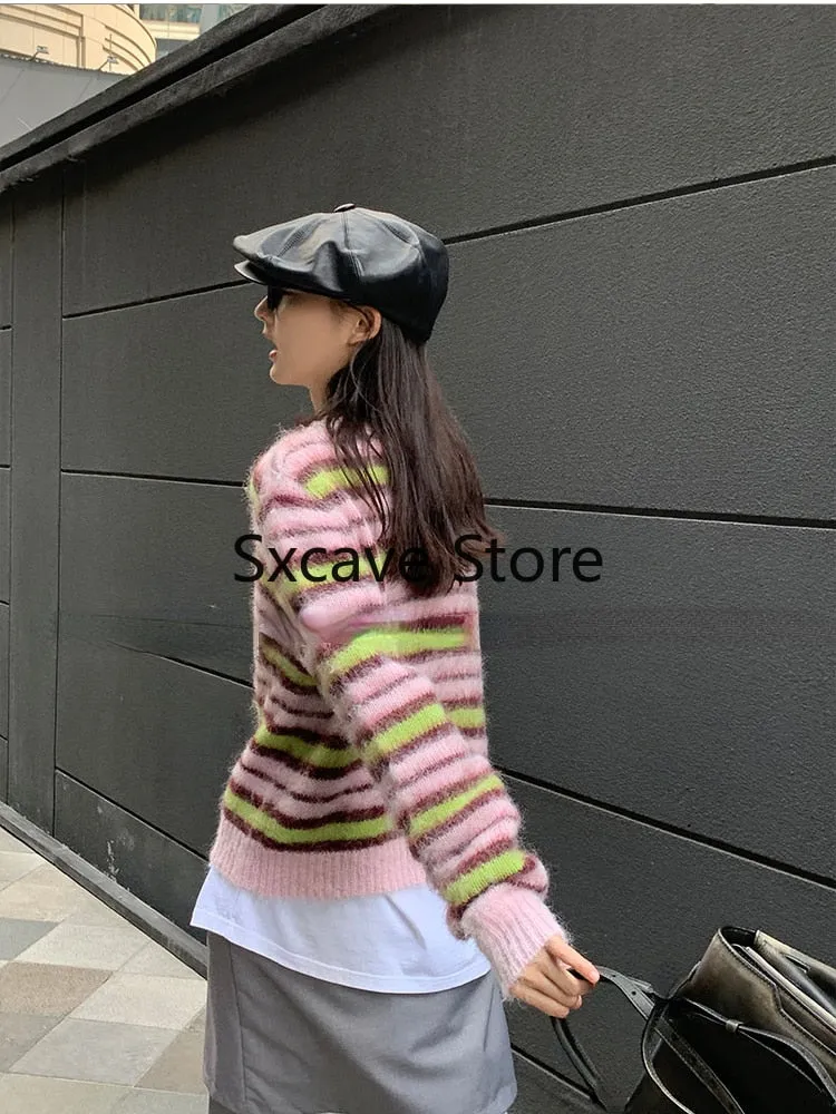 deanwangkt  Autumn Faux Fure Knitted Cardigan Women Casual Long Sleeve Button Kawaii Clothing Striped Sweater Female Korean Style Tops