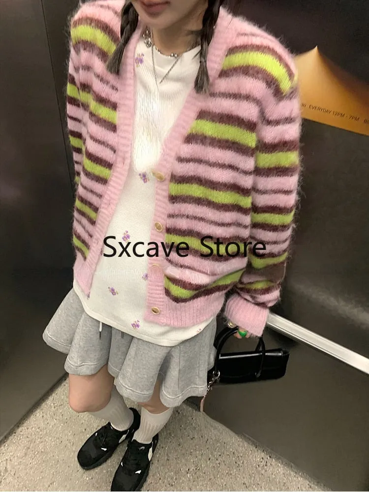 deanwangkt  Autumn Faux Fure Knitted Cardigan Women Casual Long Sleeve Button Kawaii Clothing Striped Sweater Female Korean Style Tops