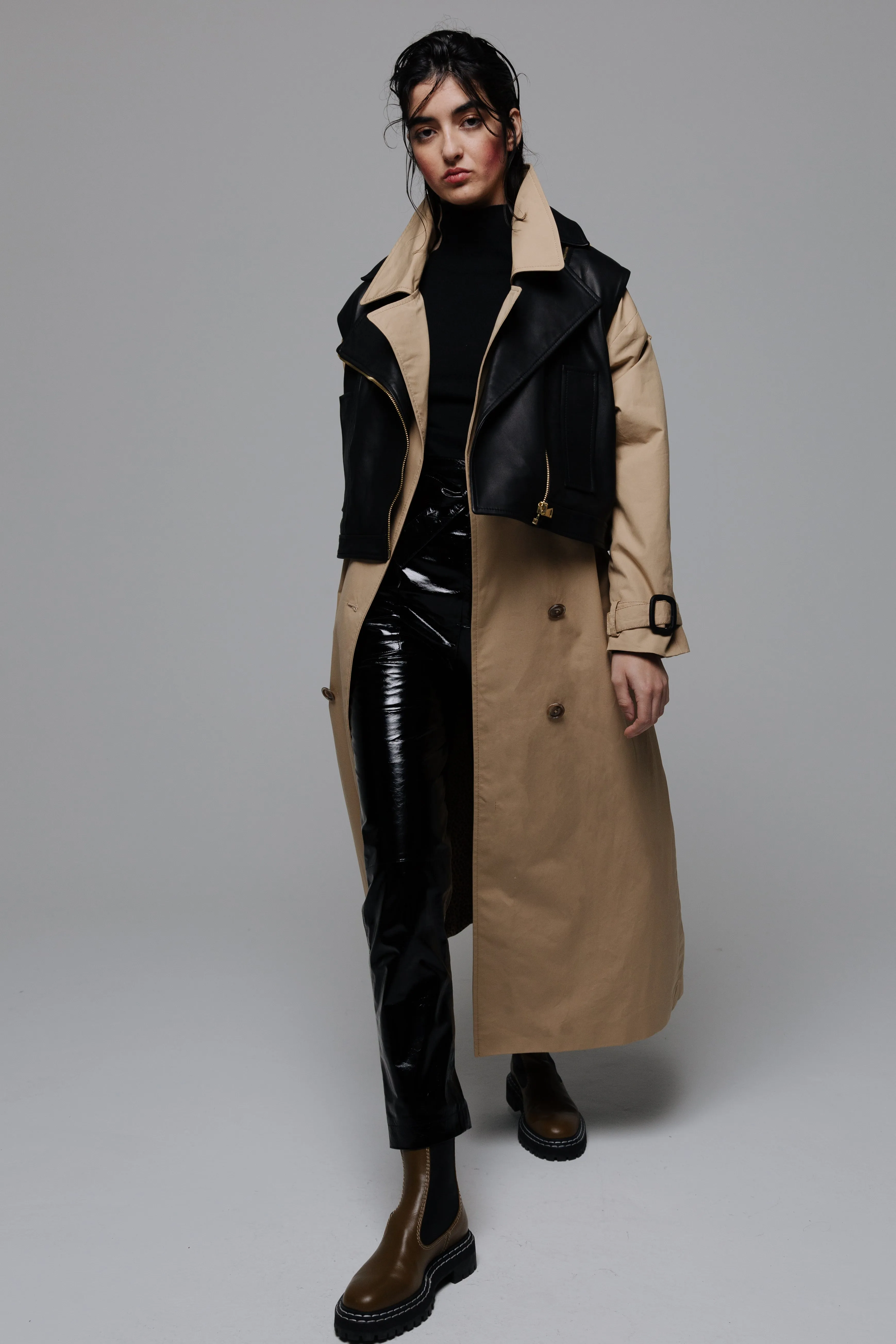 Dominique TRENCH WITH REMOVABLE BIKER JACKET - BLACK/BEIGE