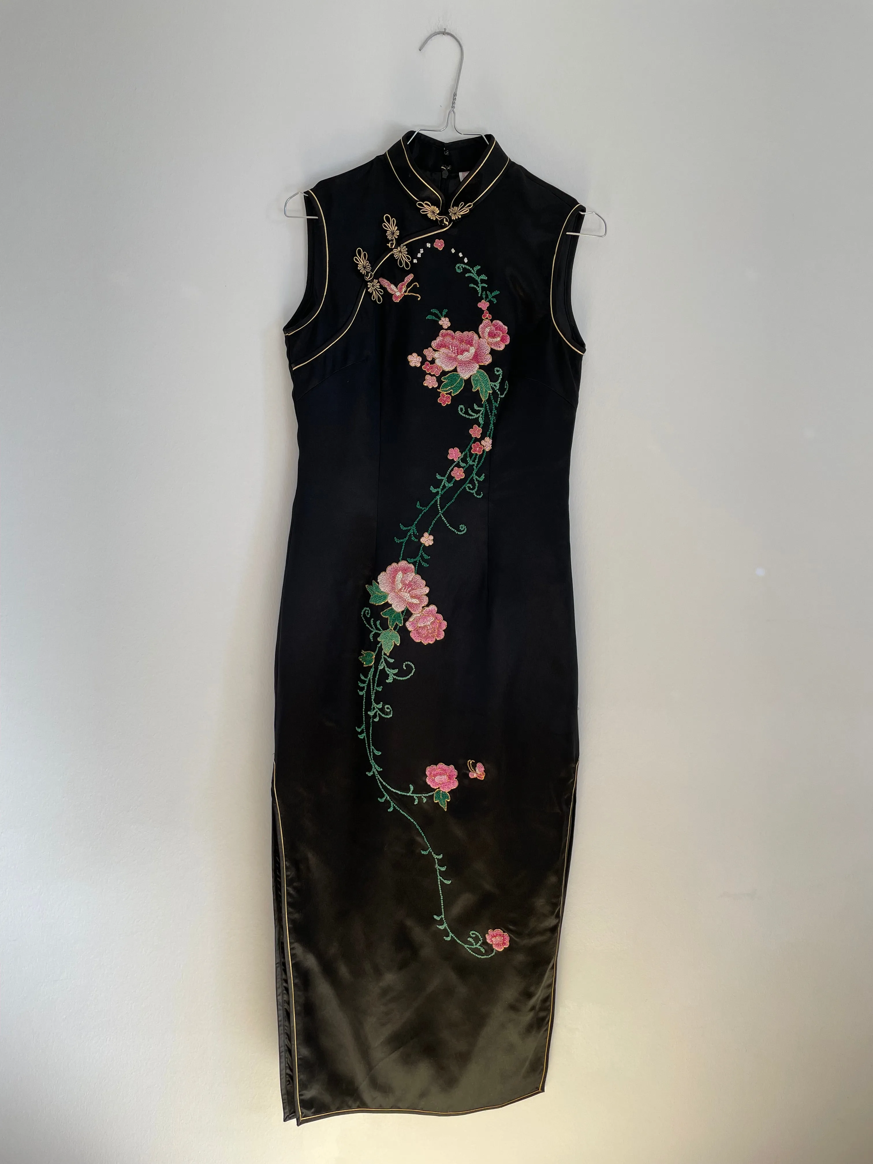 Floral Embroidery Black Silk Dress