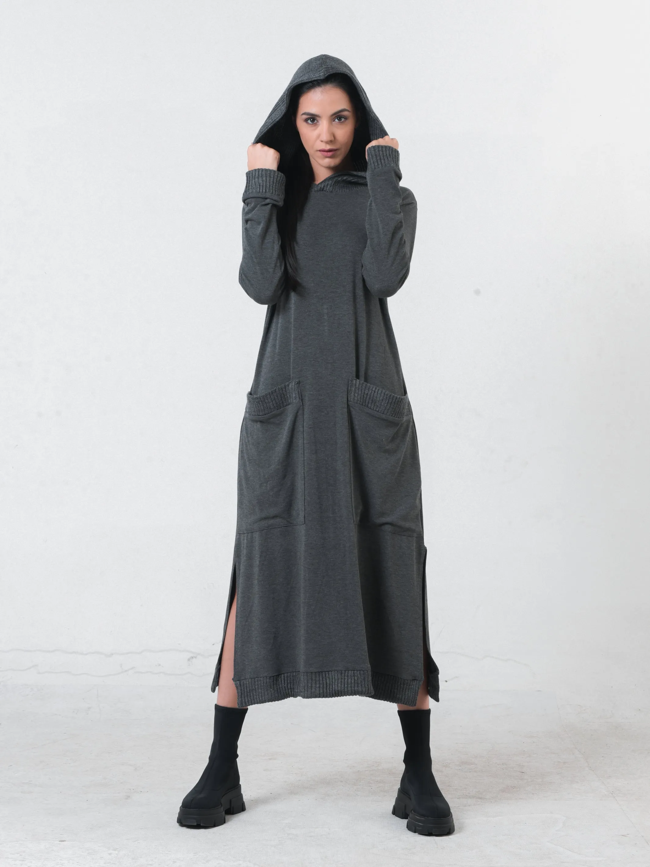 Knitted Long Sleeve Hooded Dress In Light Gray