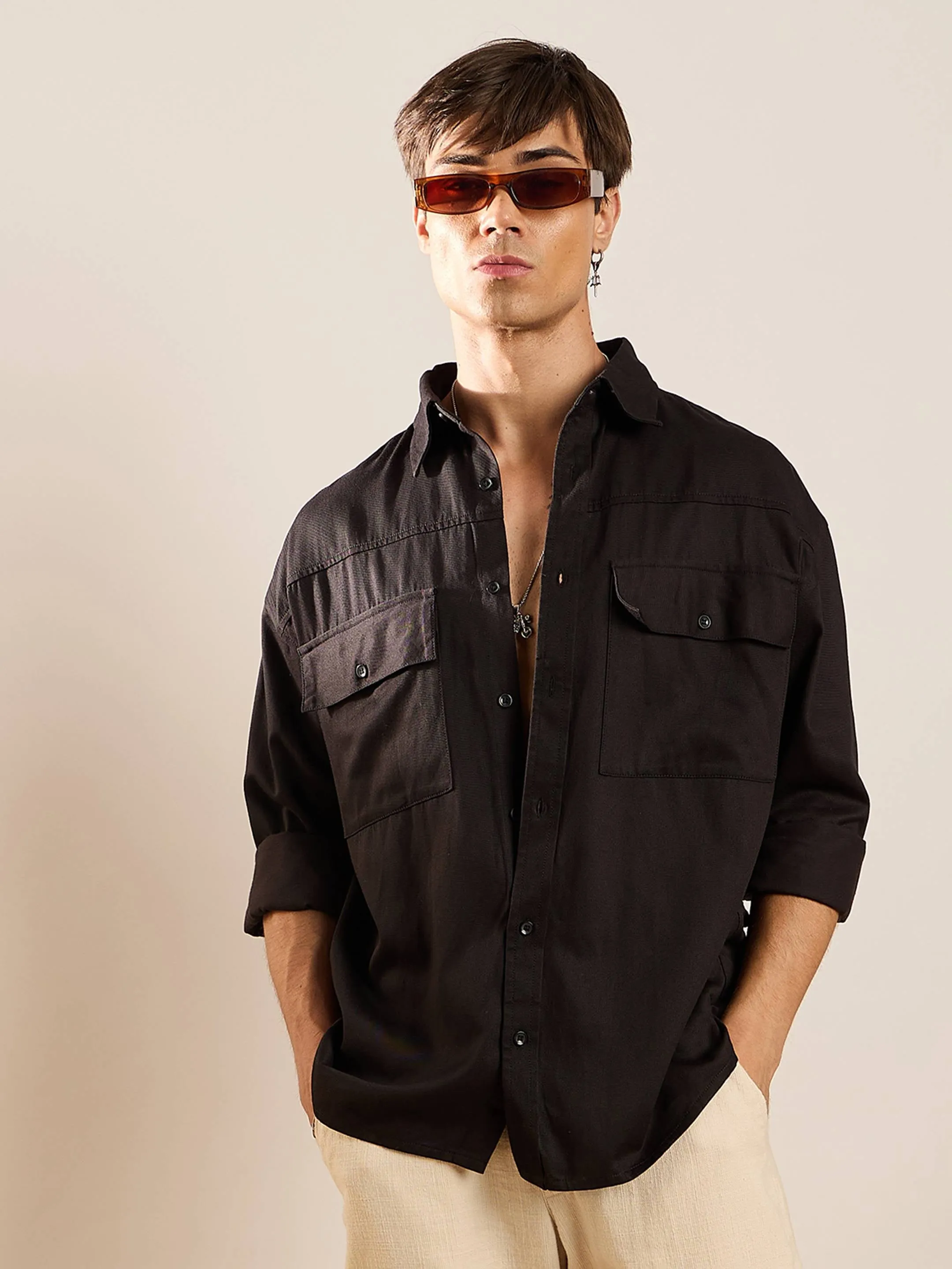 Men Black Twill Utility Pocket Oversize Shirt