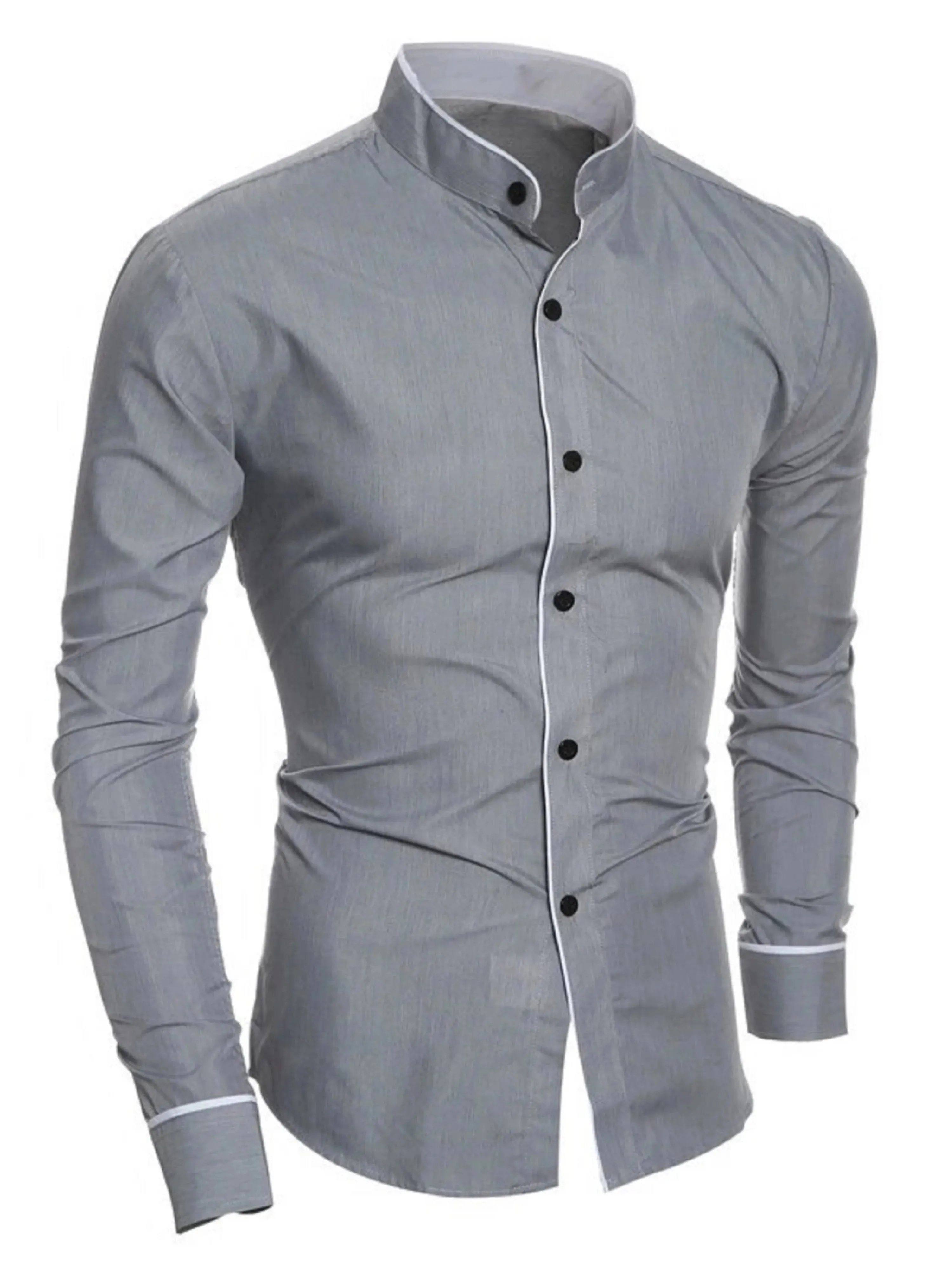 Mens long-sleeved solid color shirt with stand-up collar