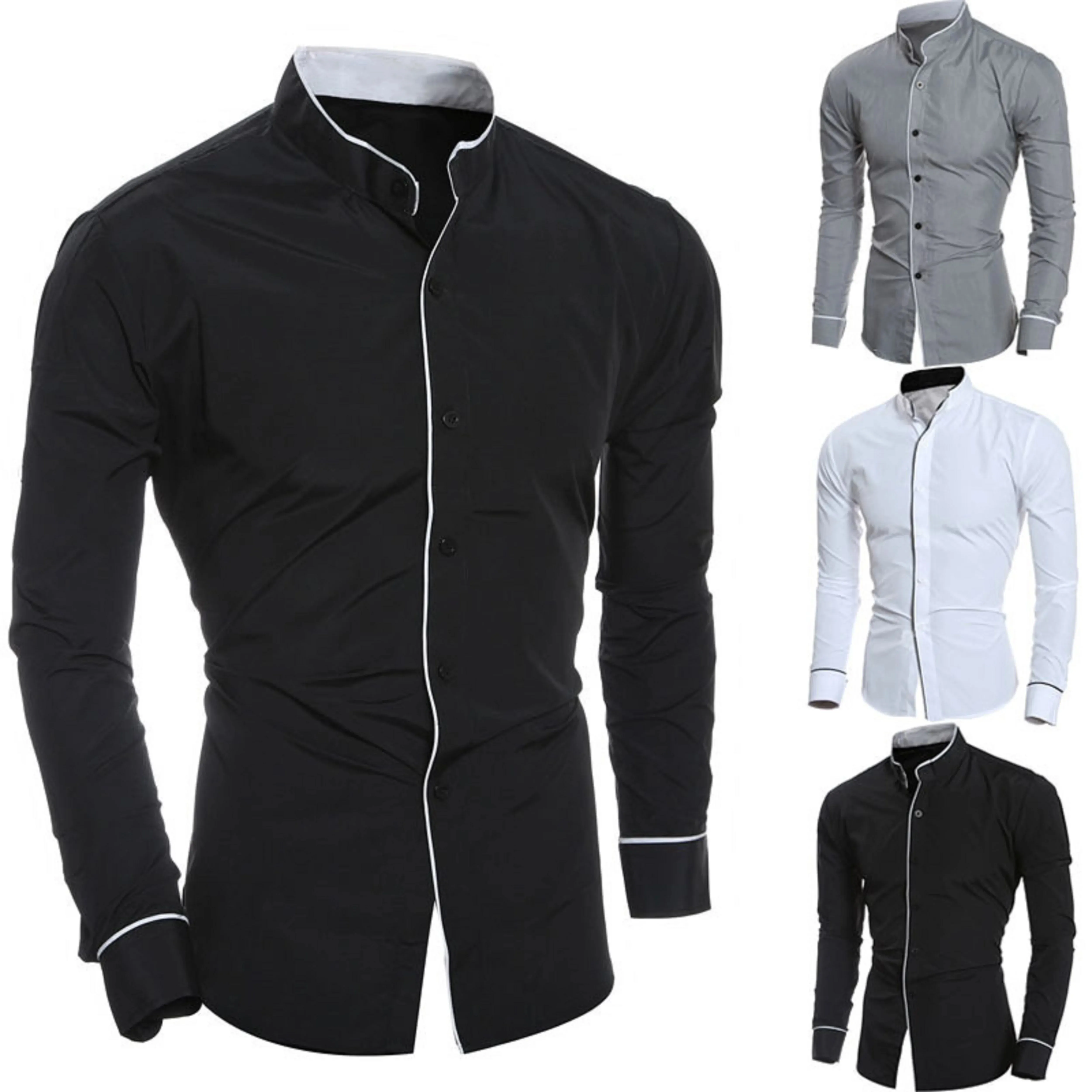 Mens long-sleeved solid color shirt with stand-up collar