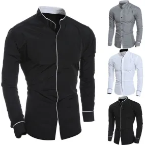 Mens long-sleeved solid color shirt with stand-up collar