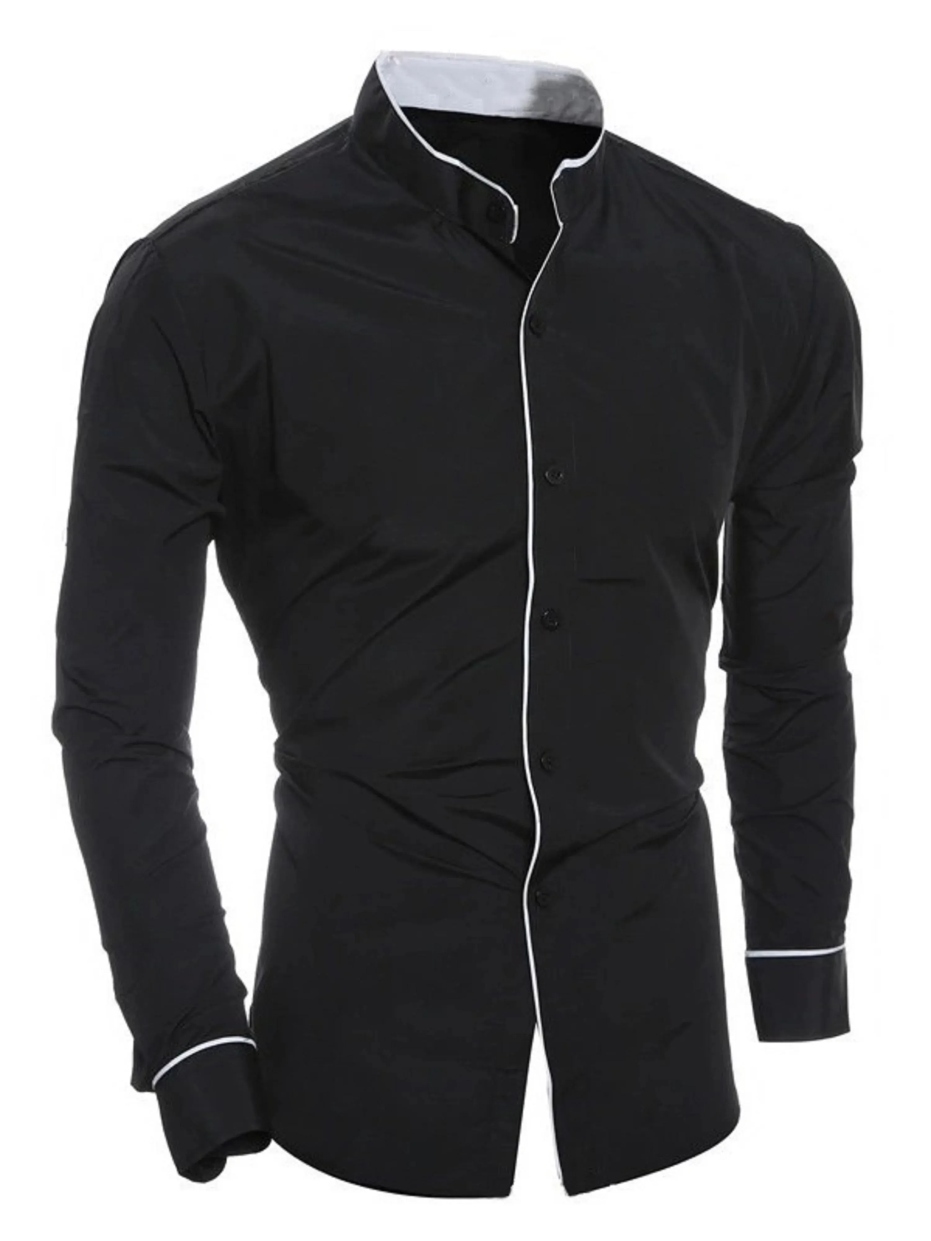 Mens long-sleeved solid color shirt with stand-up collar