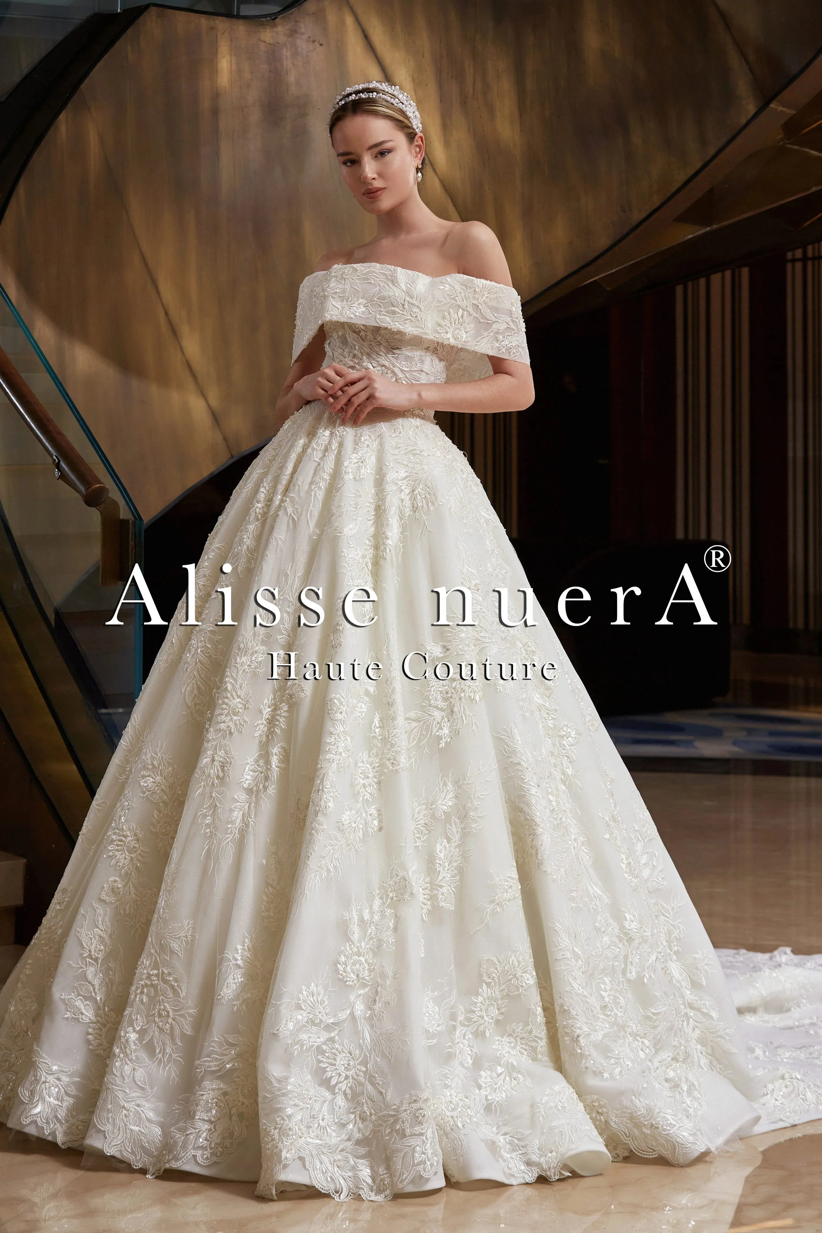 Off Shoulder Floral Lace Rustic Ivory Princess Wedding Dress
