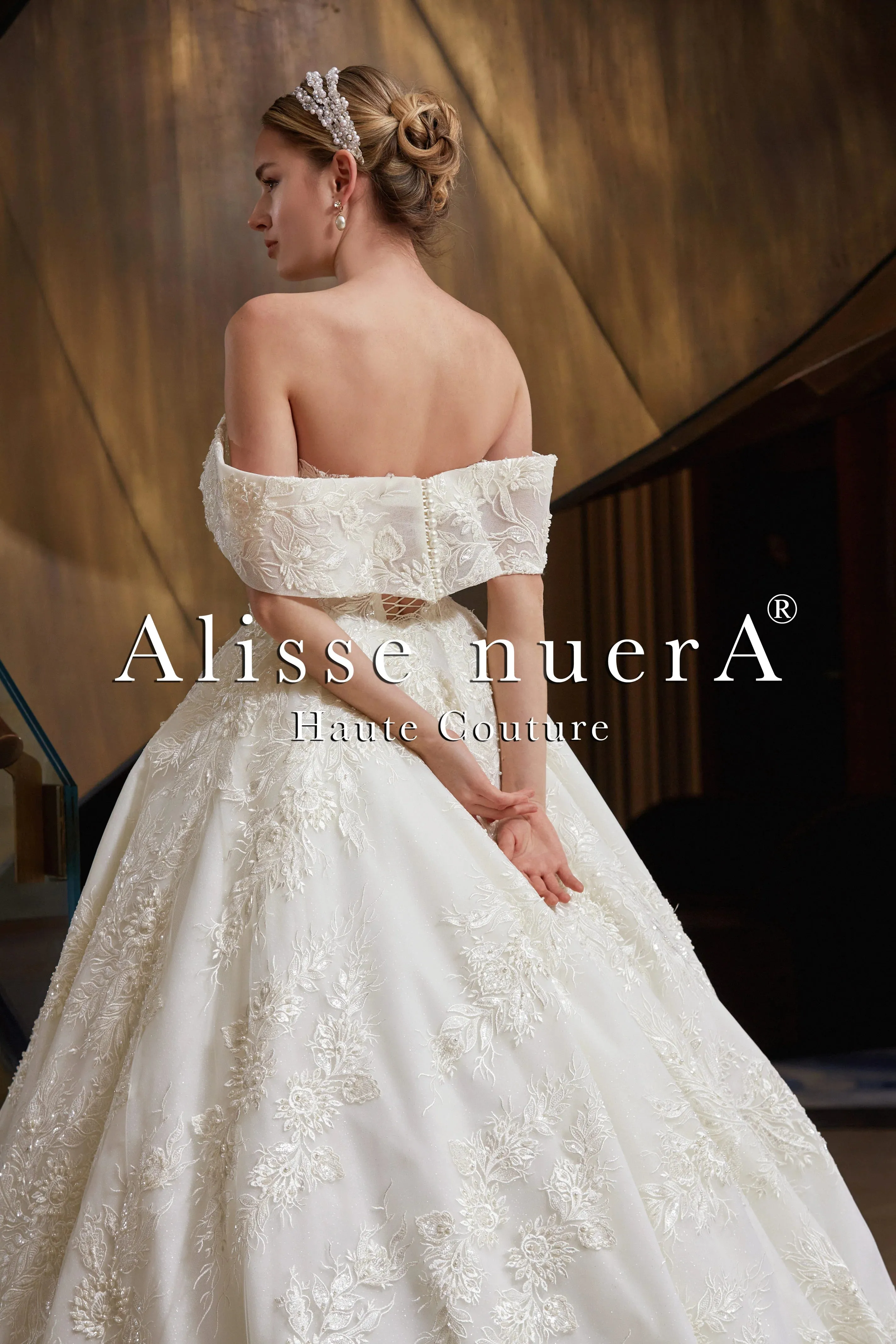 Off Shoulder Floral Lace Rustic Ivory Princess Wedding Dress