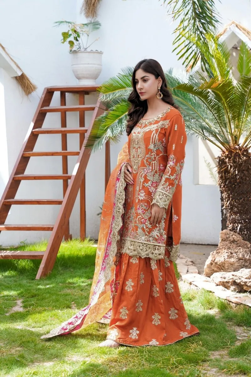 Sajni Embroidered Chiffon Mehndi Gharara Outfit SAJ11