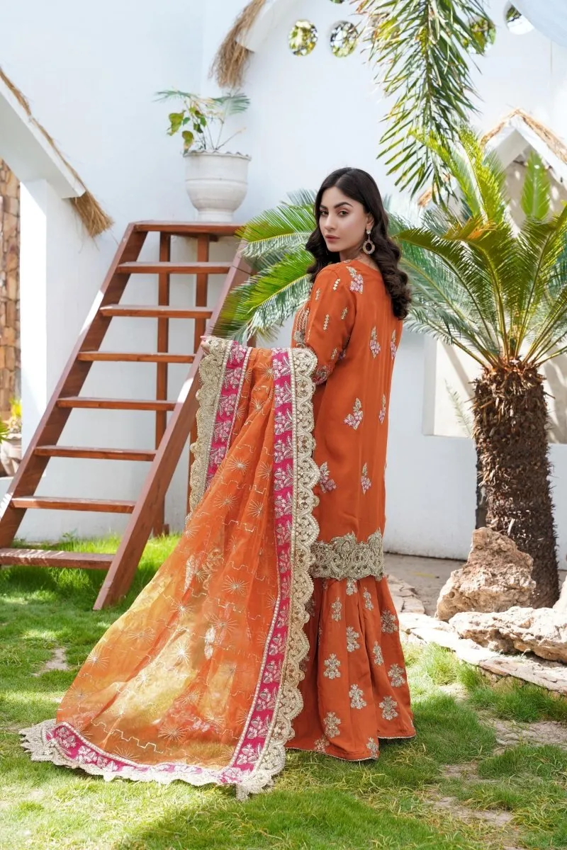 Sajni Embroidered Chiffon Mehndi Gharara Outfit SAJ11