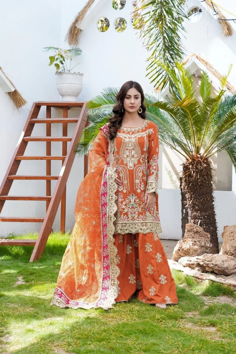 Sajni Embroidered Chiffon Mehndi Gharara Outfit SAJ11