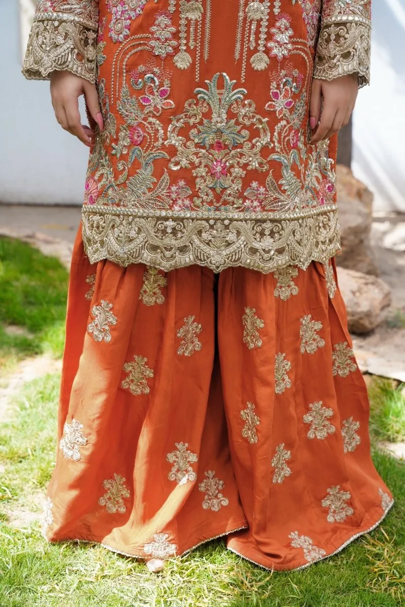 Sajni Embroidered Chiffon Mehndi Gharara Outfit SAJ11