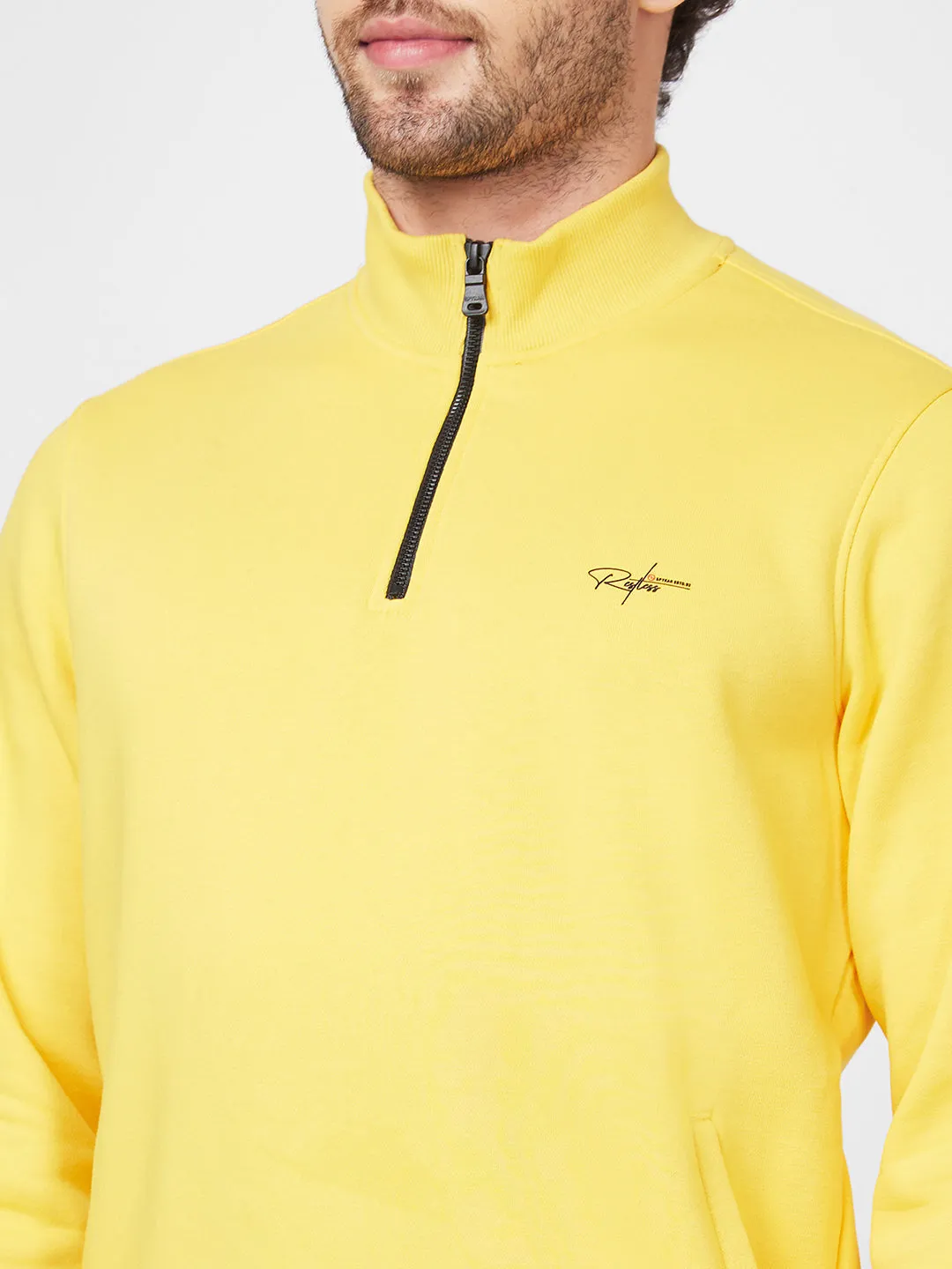 Spykar High Neck Full Sleeve Yellow Sweatshirt For Men