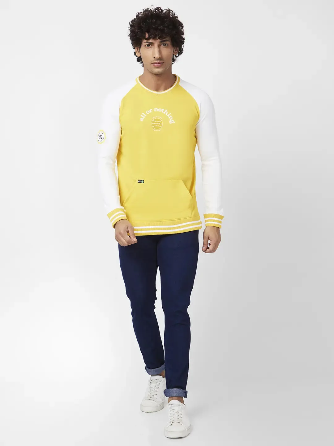 Spykar Men Chrome Yellow Blended Slim Fit Full Sleeve Round Neck Plain Sweatshirt