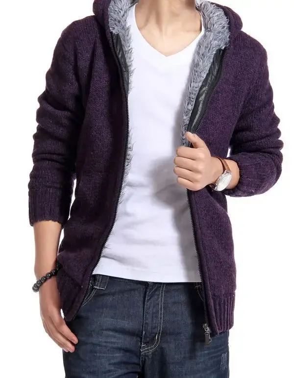 Wiaofellas  -  New Winter Plush and Thick Hooded Zipper Men's Knitted Cardigan Youth Sweater Jacket