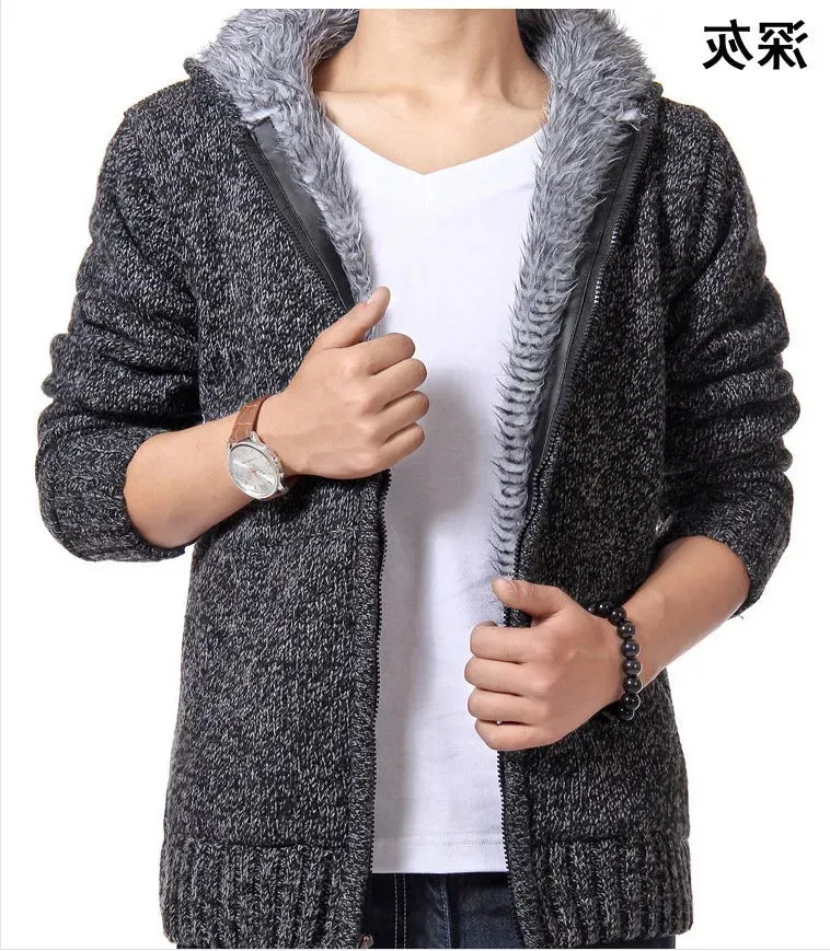 Wiaofellas  -  New Winter Plush and Thick Hooded Zipper Men's Knitted Cardigan Youth Sweater Jacket