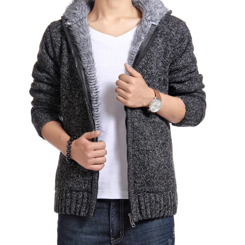 Wiaofellas  -  New Winter Plush and Thick Hooded Zipper Men's Knitted Cardigan Youth Sweater Jacket