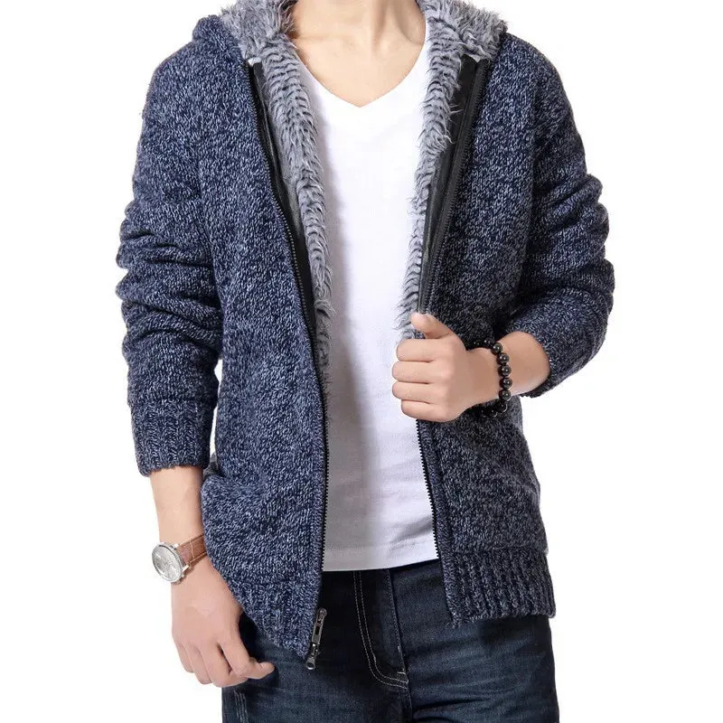 Wiaofellas  -  New Winter Plush and Thick Hooded Zipper Men's Knitted Cardigan Youth Sweater Jacket