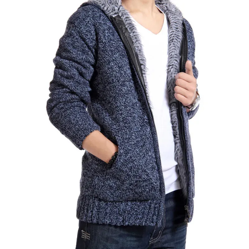 Wiaofellas  -  New Winter Plush and Thick Hooded Zipper Men's Knitted Cardigan Youth Sweater Jacket