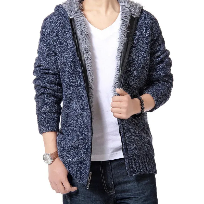 Wiaofellas  -  New Winter Plush and Thick Hooded Zipper Men's Knitted Cardigan Youth Sweater Jacket