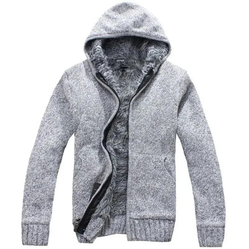 Wiaofellas  -  New Winter Plush and Thick Hooded Zipper Men's Knitted Cardigan Youth Sweater Jacket