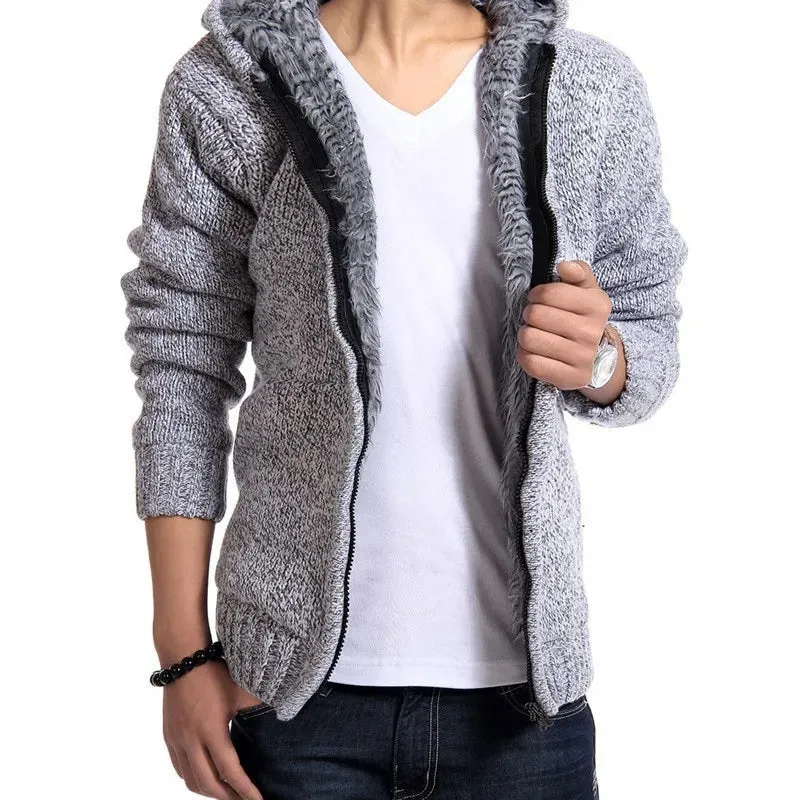Wiaofellas  -  New Winter Plush and Thick Hooded Zipper Men's Knitted Cardigan Youth Sweater Jacket