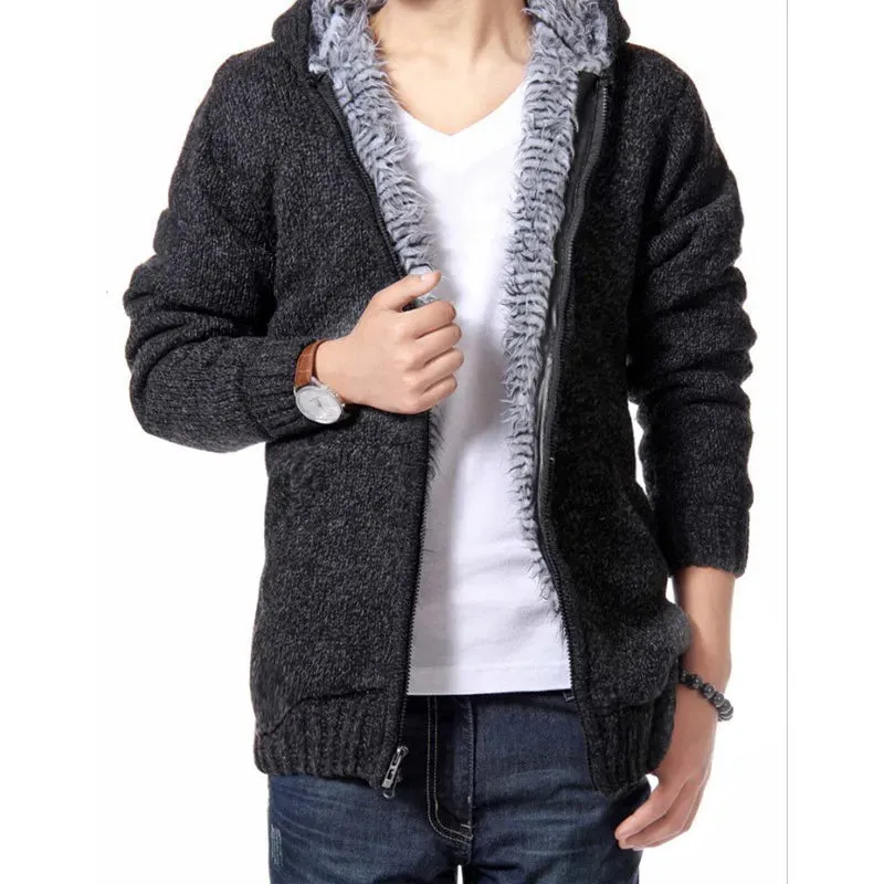 Wiaofellas  -  New Winter Plush and Thick Hooded Zipper Men's Knitted Cardigan Youth Sweater Jacket