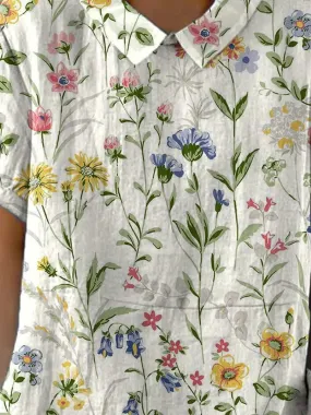 Women's Casual Cotton Linen Shirt with Retro Floral Print