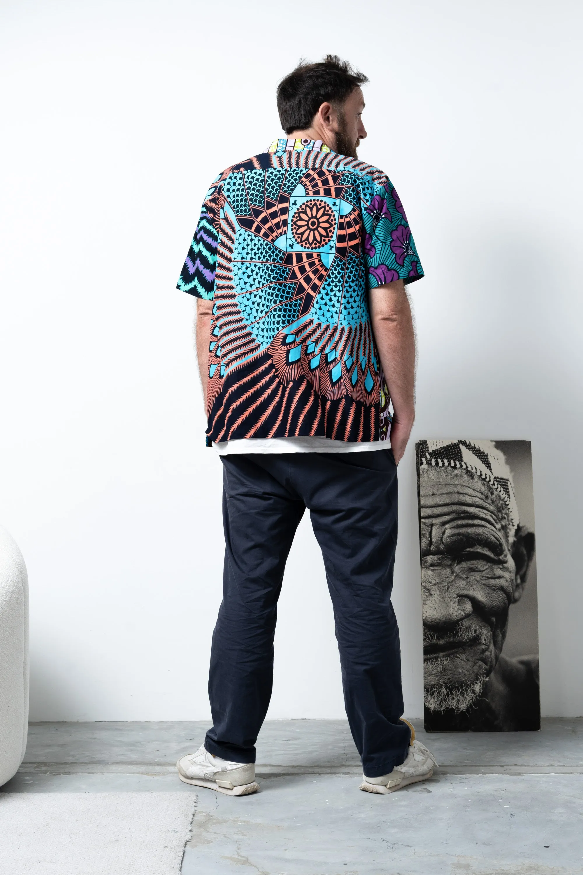 Zika Loose fit Bowling Collar Unisex Shirt - Mix Match Blue Yellow Purple and Green African Ankara Wax Cotton Print