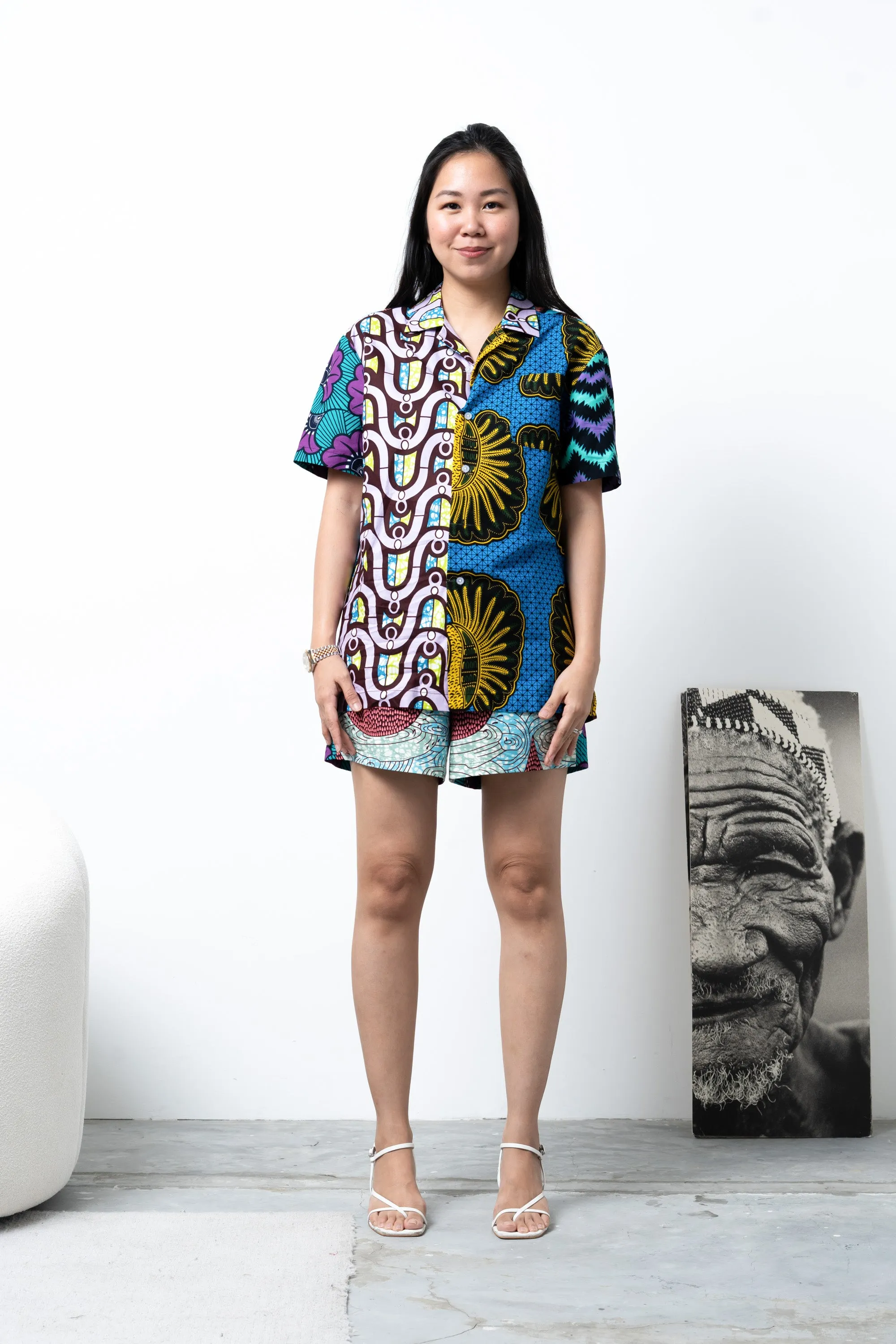 Zika Loose fit Bowling Collar Unisex Shirt - Mix Match Blue Yellow Purple and Green African Ankara Wax Cotton Print