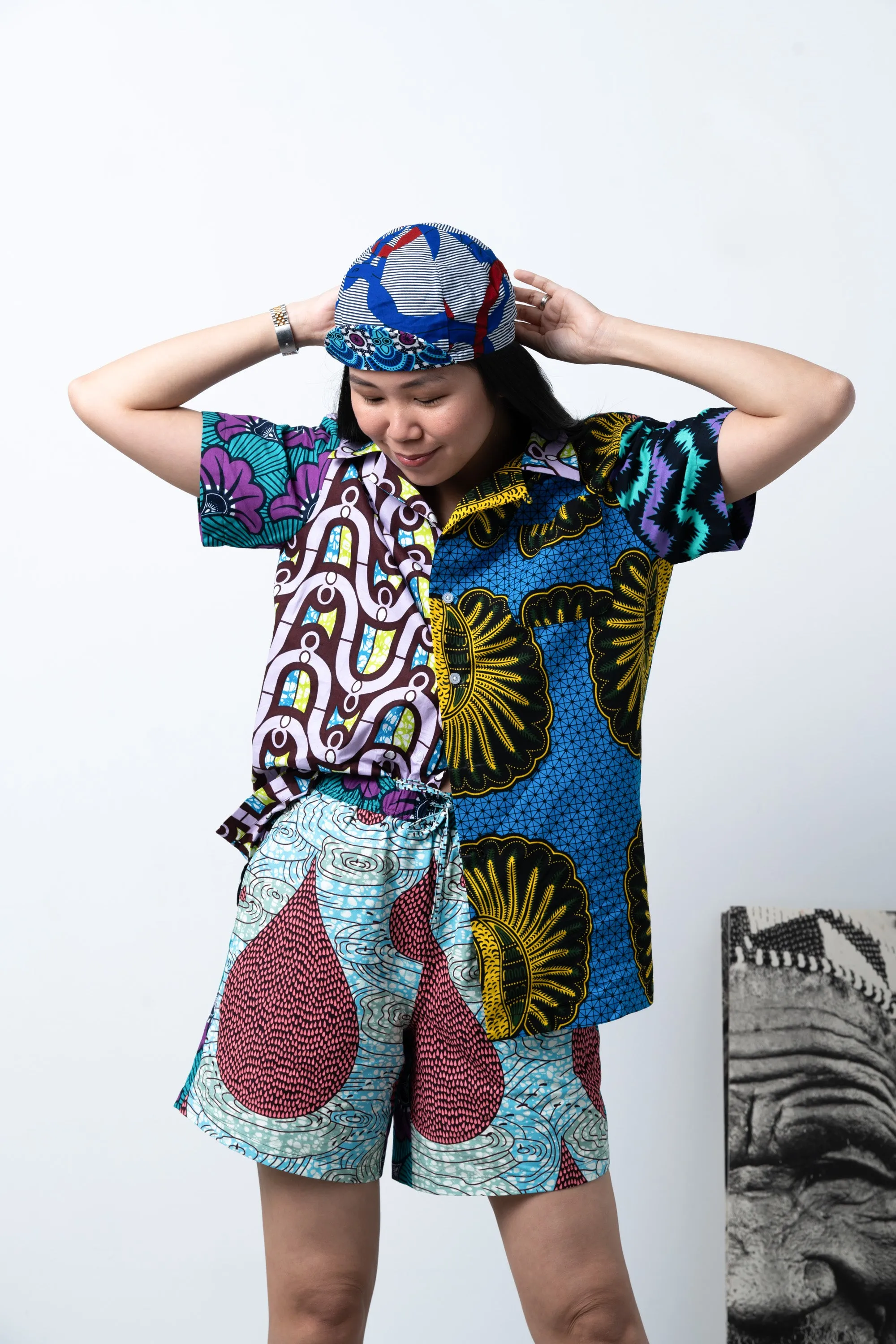 Zika Loose fit Bowling Collar Unisex Shirt - Mix Match Blue Yellow Purple and Green African Ankara Wax Cotton Print