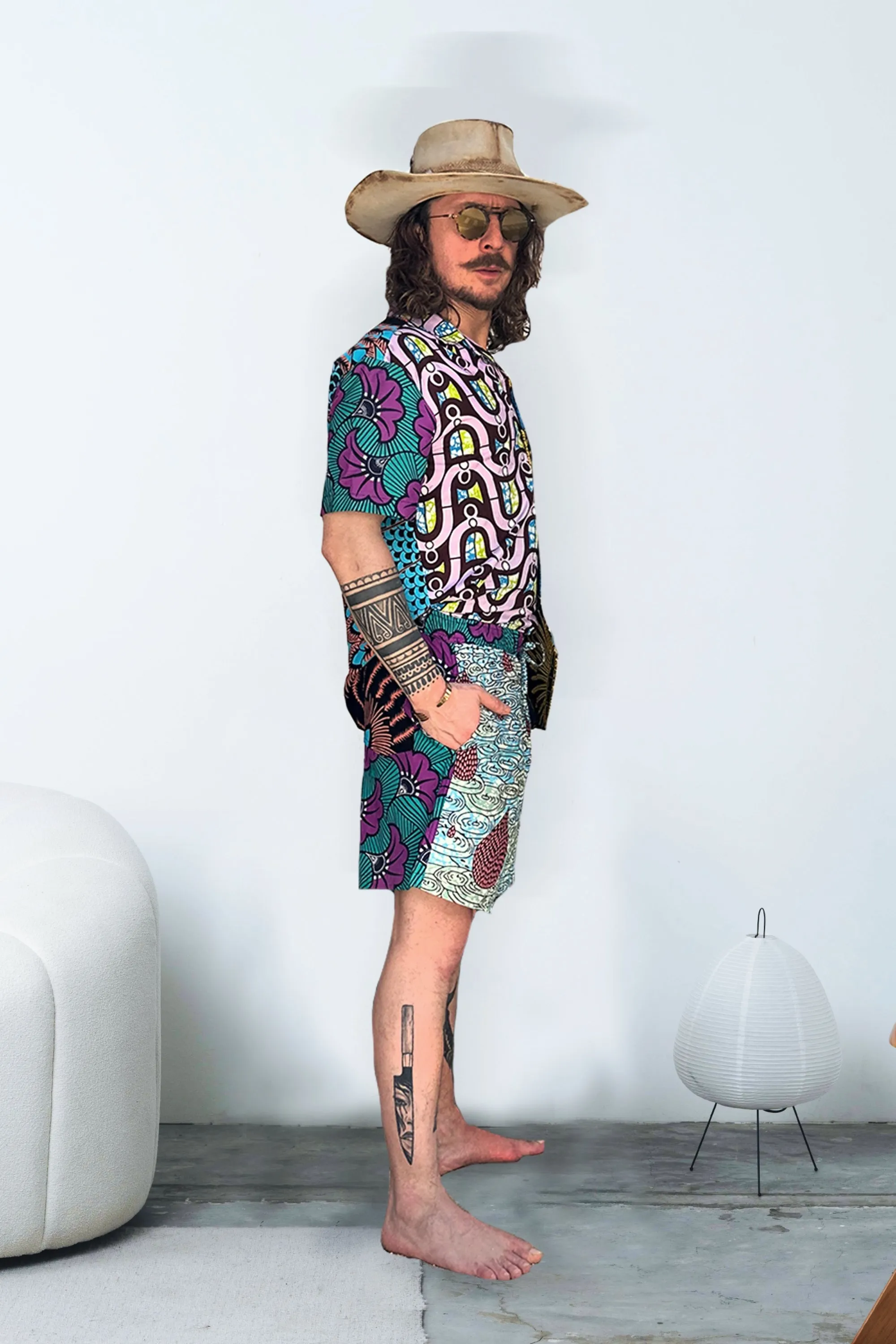 Zika Loose fit Bowling Collar Unisex Shirt - Mix Match Blue Yellow Purple and Green African Ankara Wax Cotton Print