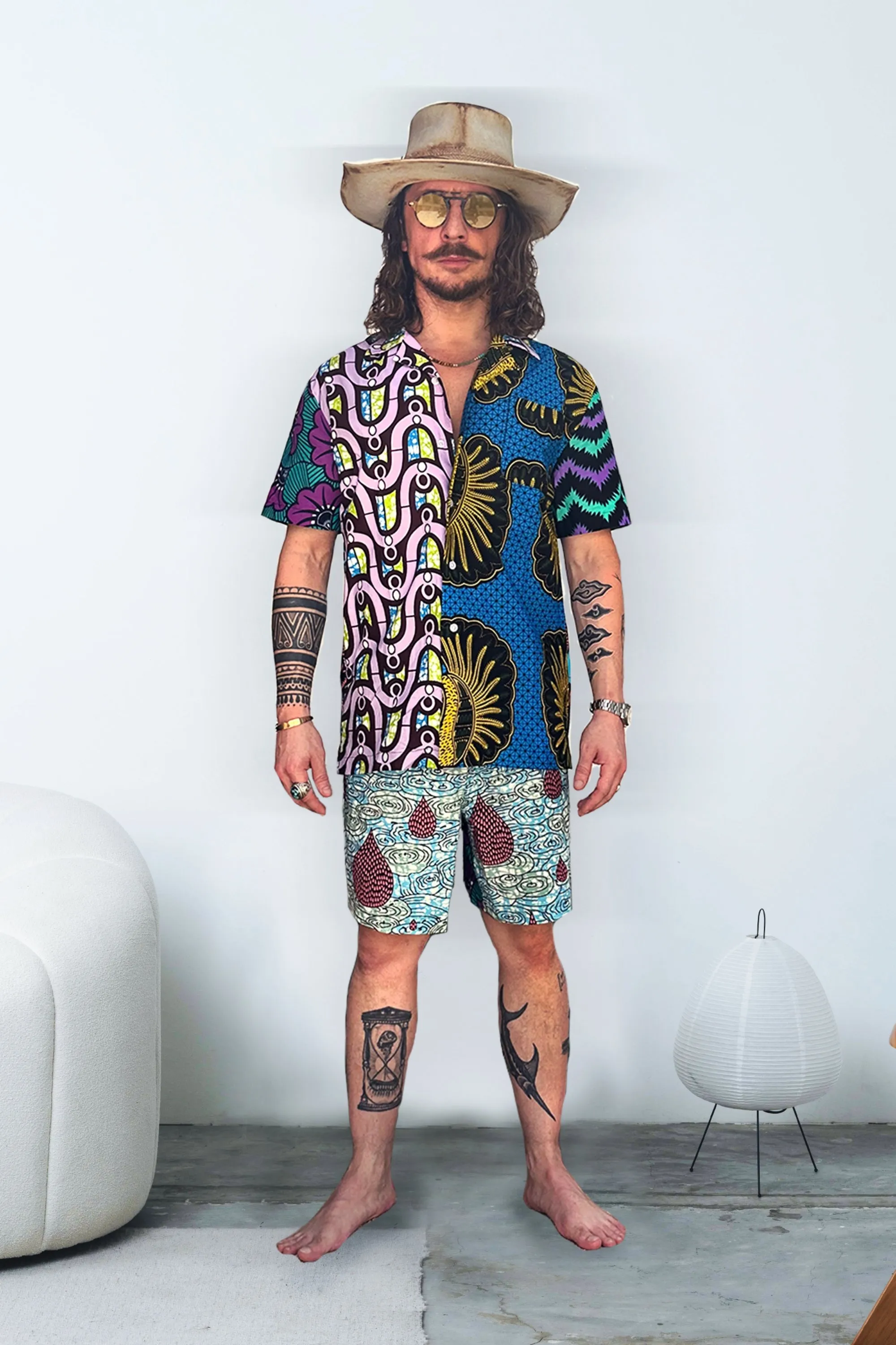 Zika Loose fit Bowling Collar Unisex Shirt - Mix Match Blue Yellow Purple and Green African Ankara Wax Cotton Print